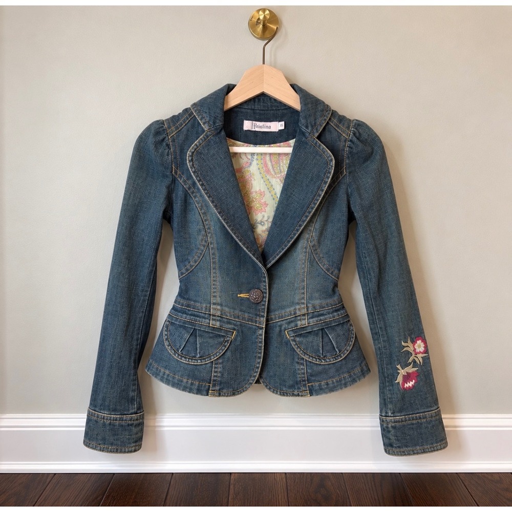 Kistina Denim Blazer Jacket Medium Wash Floral Embroidery Paisley Lining Size M